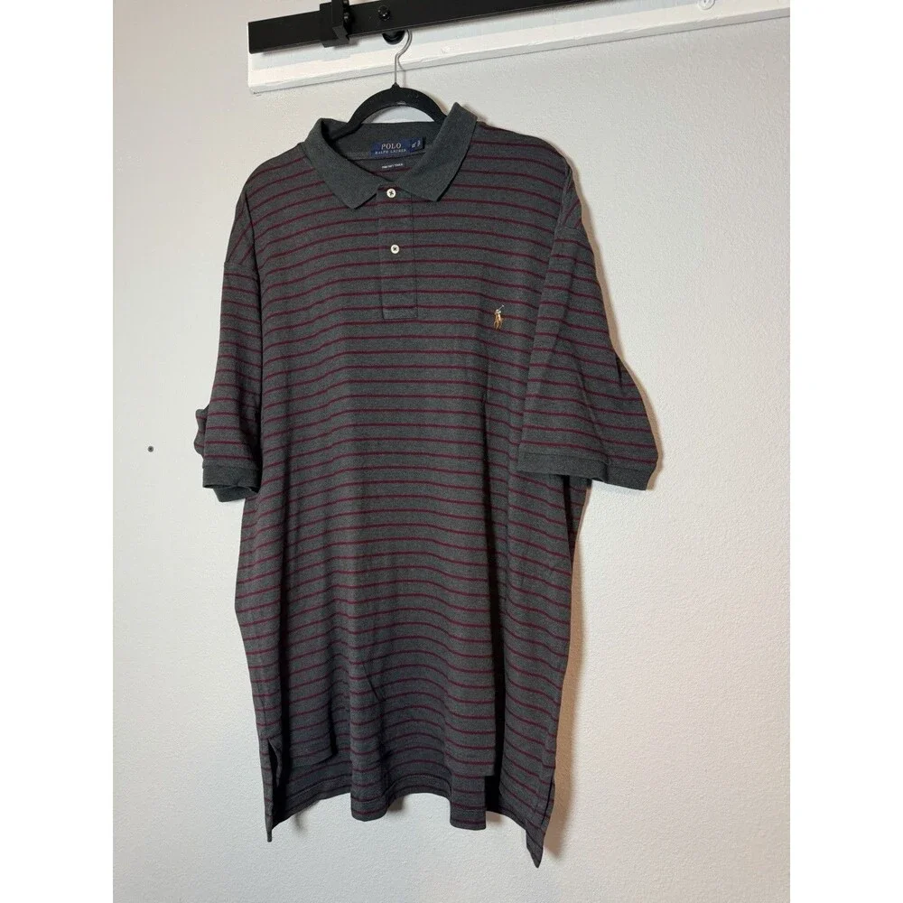 Polo Ralph Lauren Men's Polo Shirt 2XLT 2XL Tall Gray Burgundy Striped Pima Soft